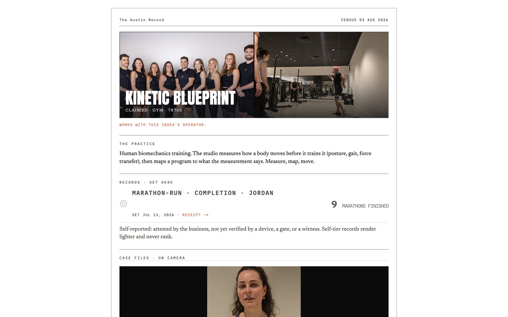 Kinetic Blueprint's claimed page in the Austin index: the team photo, the practice, and a self-reported record that shows but never ranks.