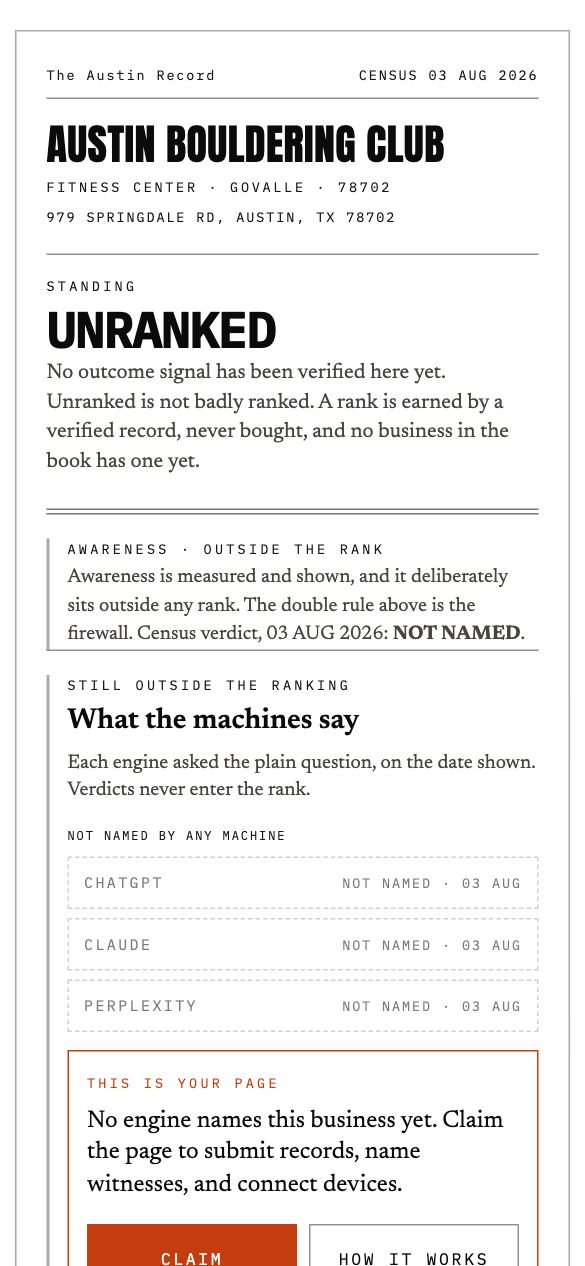 One business record in the index, on a phone, standing unranked until an outcome is verified.