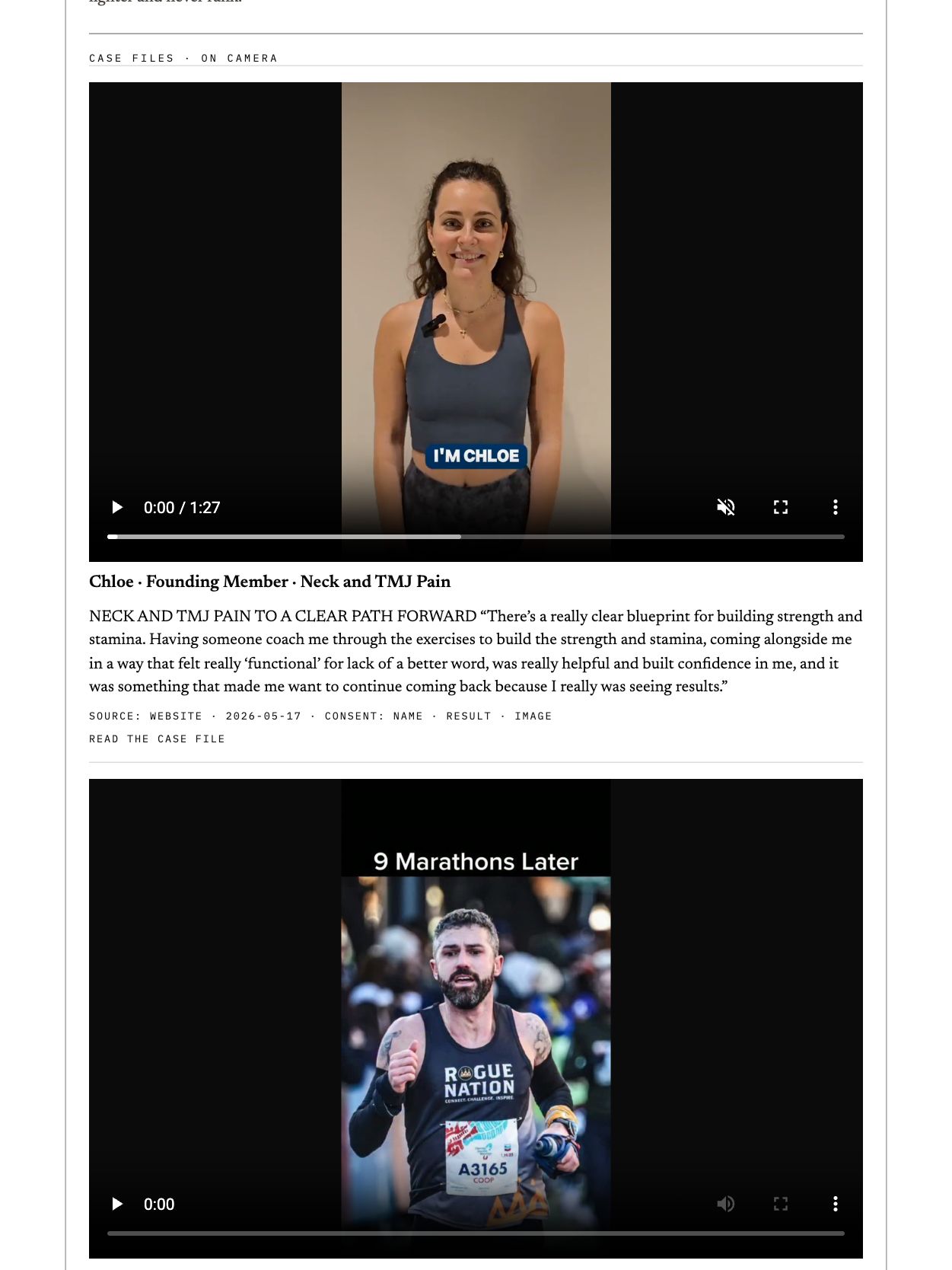 A case file on the same page: a founding member on camera, with the source, date and consent line under the video.